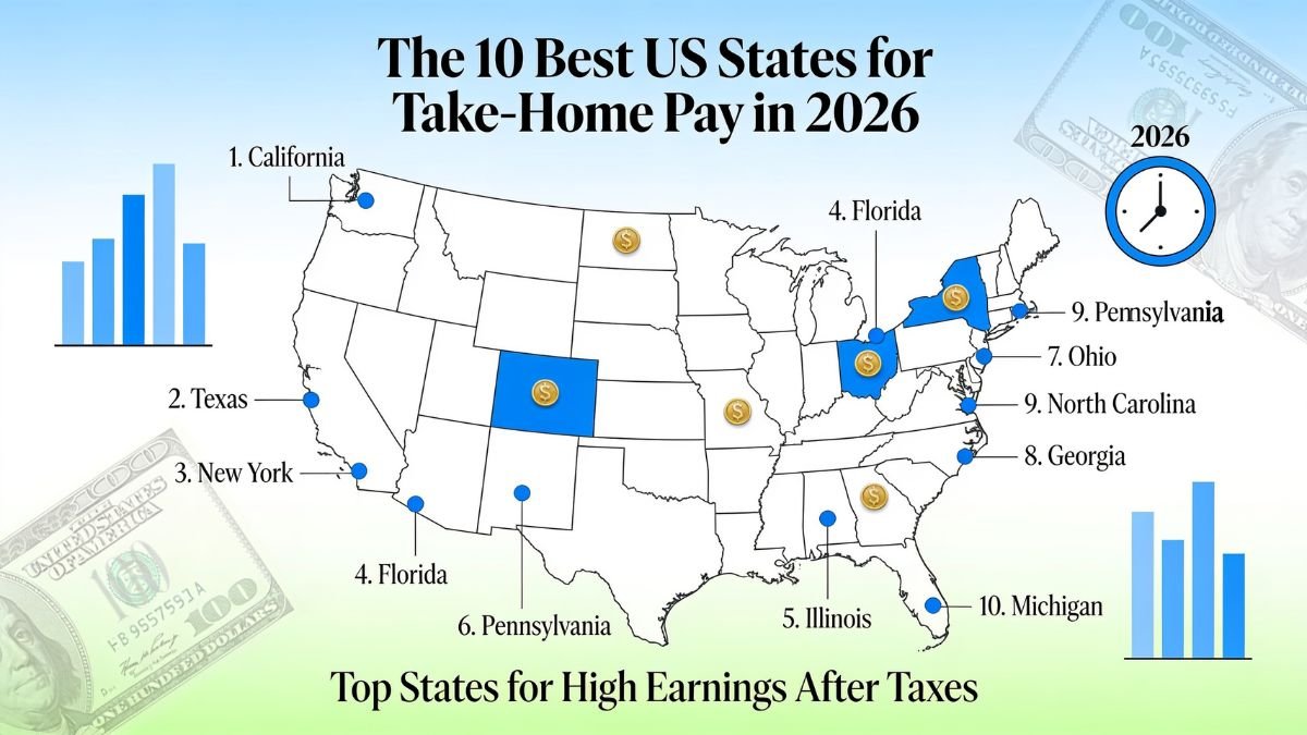 Map of the US highlighting best states for take-home pay.